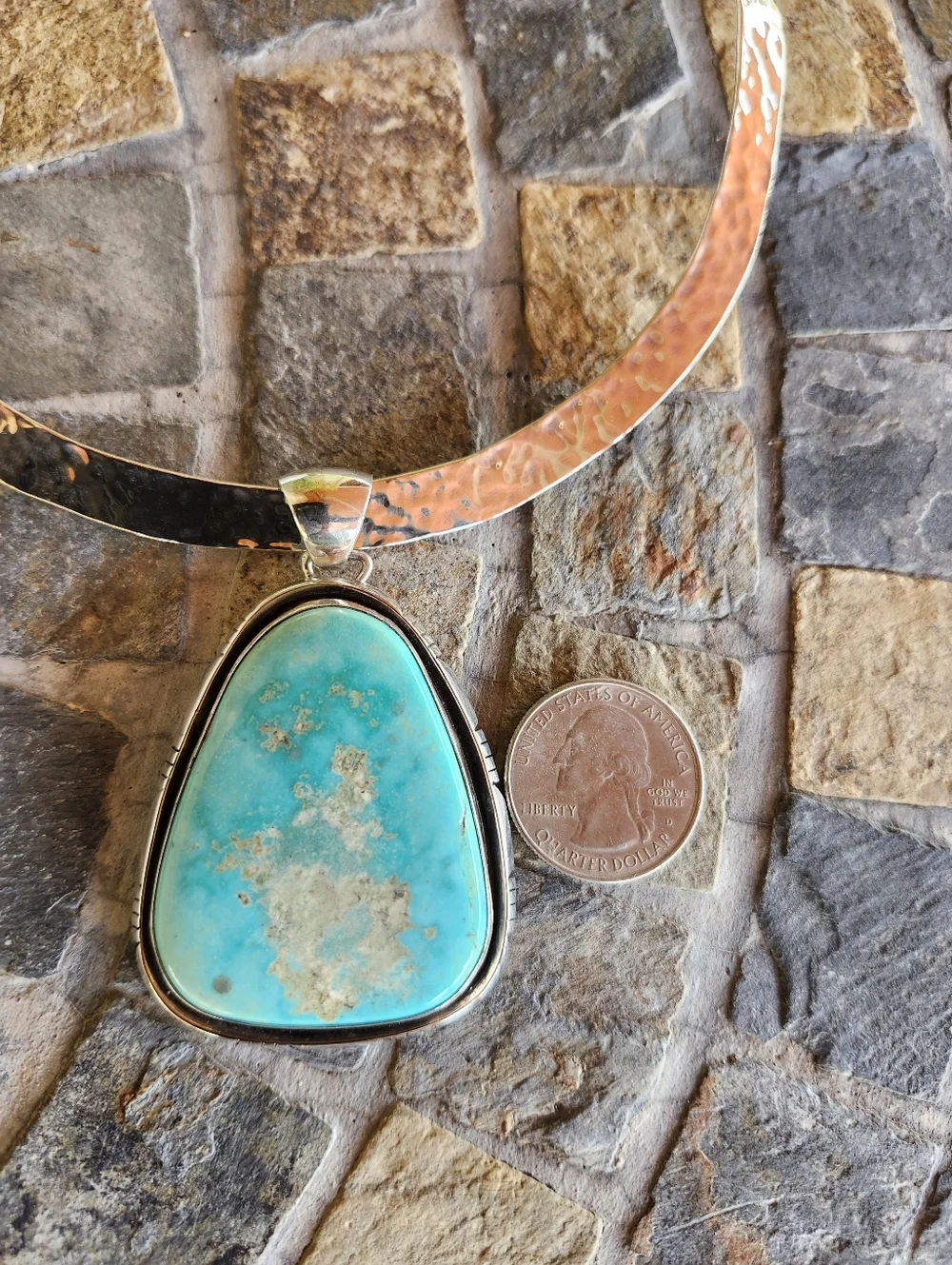 Sterling Silver Navajo SIGNED Huge Turquoise Necklace - Picture 6 of 17